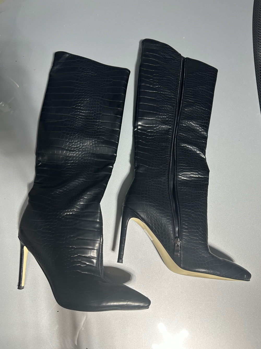 Black Faux-Croc Over-the-Knee Stiletto Boots